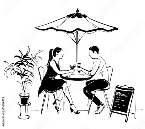 sketch of a young couple in a street cafe at a table. You can remove, move or resize the flower, umbrella and advertising board. Isolated object, vector illustration