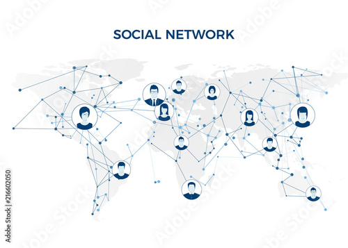 Social Media. Graphic global network connection. Social network structure on world map. Vector illustration