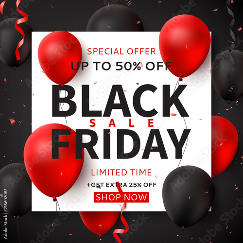 Dark square banner for Black Friday sale. Dark background with black and red balloons for seasonal discount offer. Vector illustration with confetti and serpentine. photo