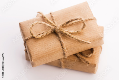 Craft gift boxes on white background