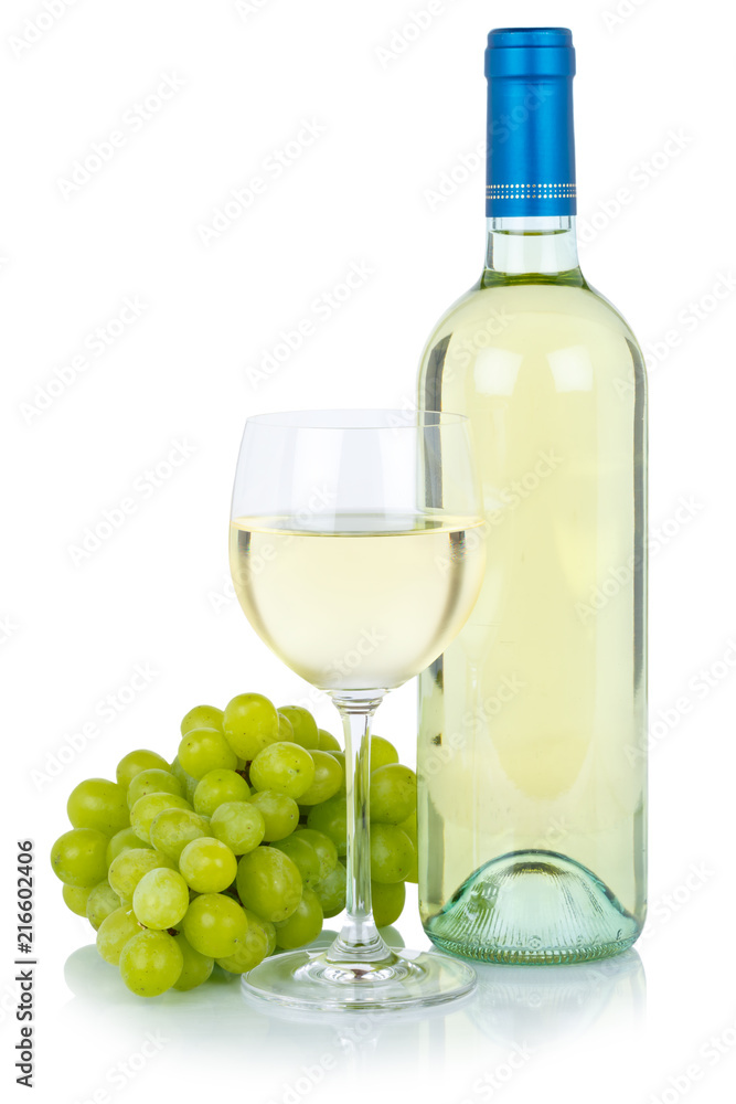 White wine bottle glass alcohol beverage grapes isolated