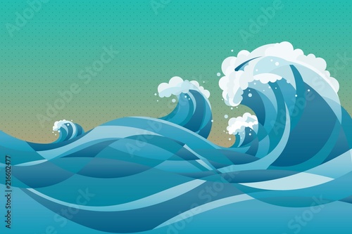 high tide sea water waves Background. illustration of waves in the rising blue sea, with green yellow background.