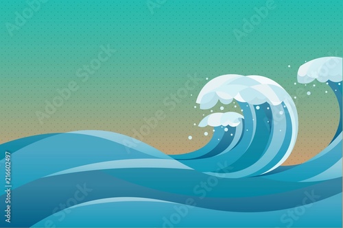 high tide sea water waves Background. illustration of waves in the rising blue sea, with green yellow background.