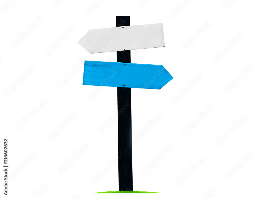 Signboard / guide post Made of wood, painted in white and blue isolated on white background, with clipping path Signboard / guide post Made of wood, painted in white and blue isolated on white background, with clipping path