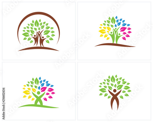 Set of Trees with People logo design template, Movement logo design Vector