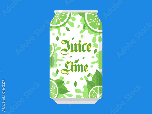 Lime Juice Soda can Flat Drink Icon Splash Background Illustration Vector