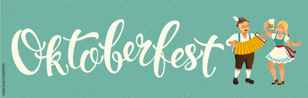 Fototapeta premium People Drink Beer Oktoberfest Party Celebration man and woman Wearing Traditional Clothes Fest Concept flat. Vector Illustration.