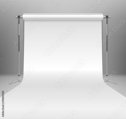 Realistic empty white photo studio backdrop template. photographer studio backdrop stand with white paper on Gray background. Vector illustration.