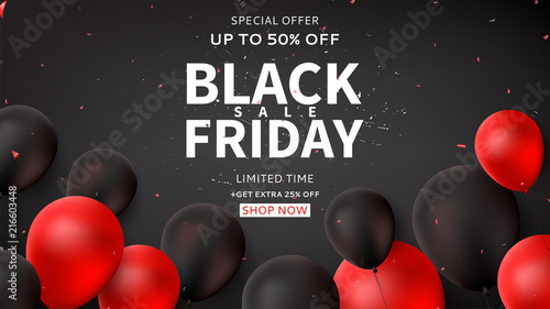 Dark horizontal web banner for Black Friday sale. Dark background with black and red balloons for seasonal discount offer. Vector illustration with confetti and serpentine.