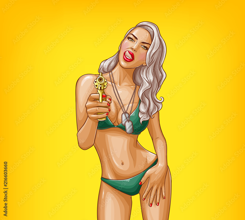 Vector pop art illustration of gangster girl in green bikini, armed with  gun isolated on yellow background. Pin-up poster with military sexy woman  holding revolver in hand and flirting vector de Stock