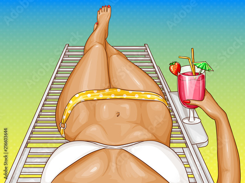 Vector illustration of pop art woman, sexy body in bikini with long legs. Poster with summer girl relaxing on deck chair with cocktail in hand. Template for advertising banner, perspective view