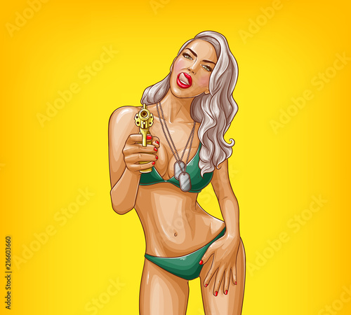 Vector pop art illustration of gangster girl in green bikini, armed with gun isolated on yellow background. Pin-up poster with military sexy woman holding revolver in hand and flirting