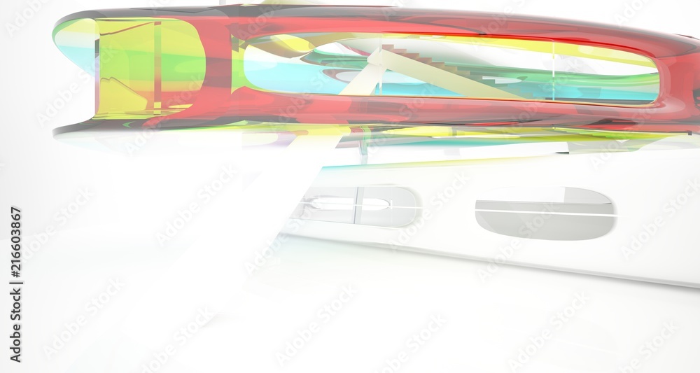 Fototapeta premium Abstract white and colored gradient glasses interior multilevel public space with window. 3D illustration and rendering.
