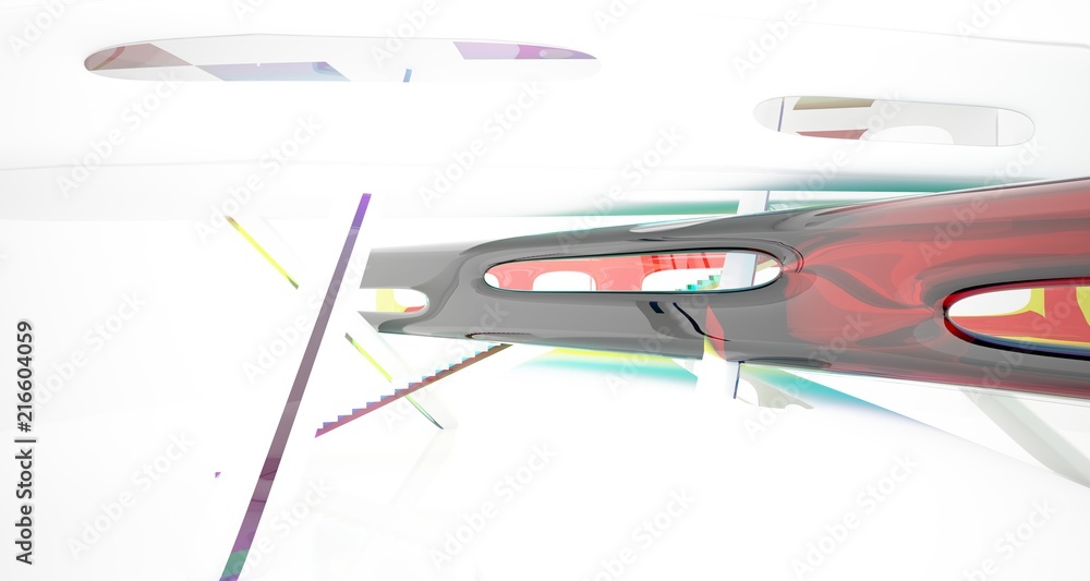 Fototapeta premium Abstract white and colored gradient glasses interior multilevel public space with window. 3D illustration and rendering.