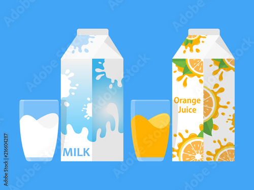 Set Milk Box Juice Box Glass Icon Vector