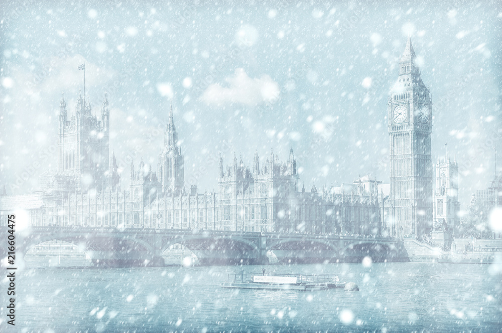 View of Westminster Bridge and House of Parliament with snow