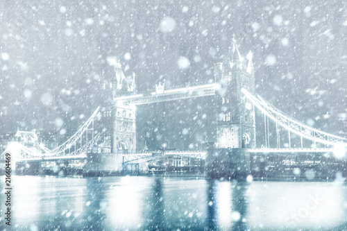 View of Tower Bridge in London with snow