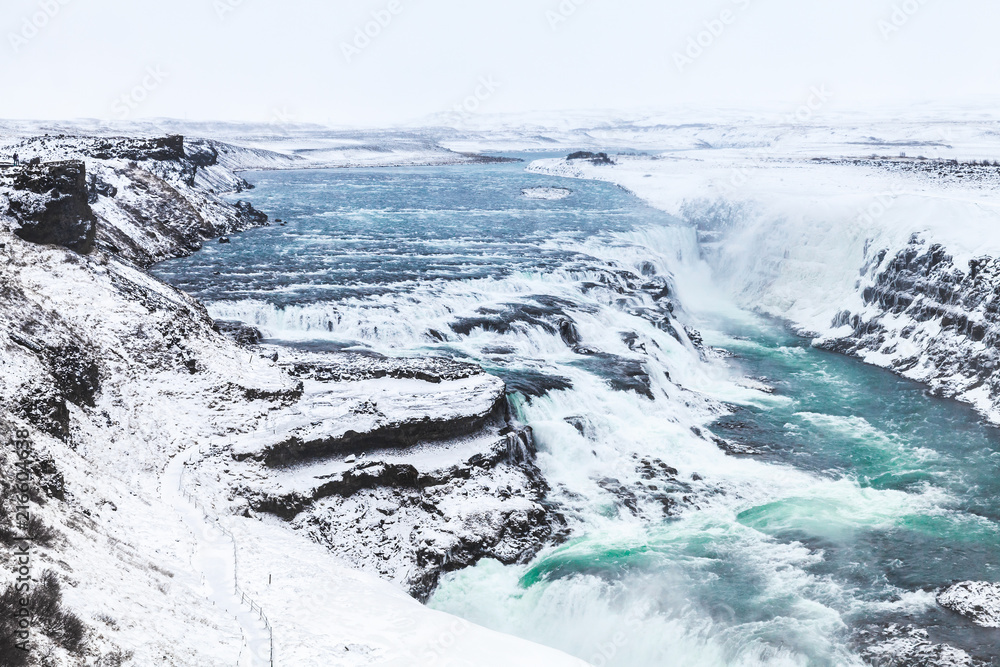 Gullfoss view, Golden Waterfall in winter Gullfoss view, Golden Waterfall in winter