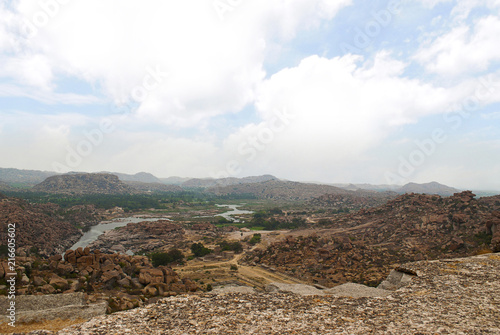Arieal view of the chain of hills of Hampi from north side of Matanga Hill, Hampi, Karnataka. Sacred Center. The Anjeneya Hill is seen in the distance.