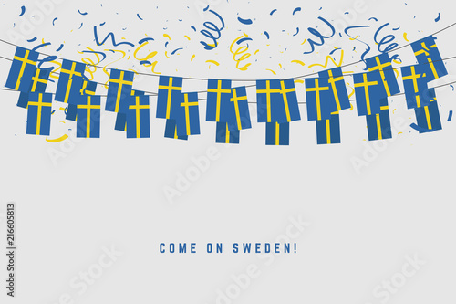 Sweden garland flag with confetti on gray background, Hang bunting for Sweden celebration template banner.