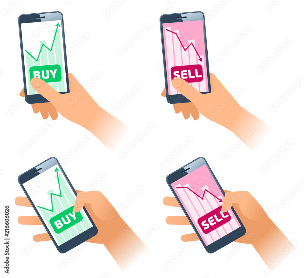 Φωτογραφία The hands are holding a smartphones, stock quote charts on the screens