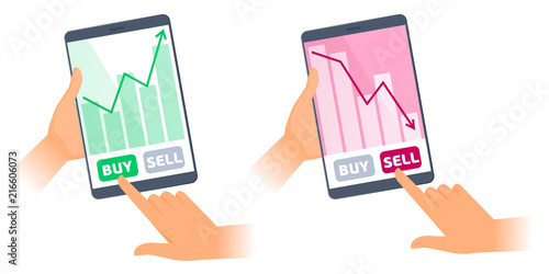 The hands are holding a tablets with stock quote charts on the screens. The fall and increase in the shares price graphs. The trader's computers, sell, buy buttons. Business flat concept illustration.