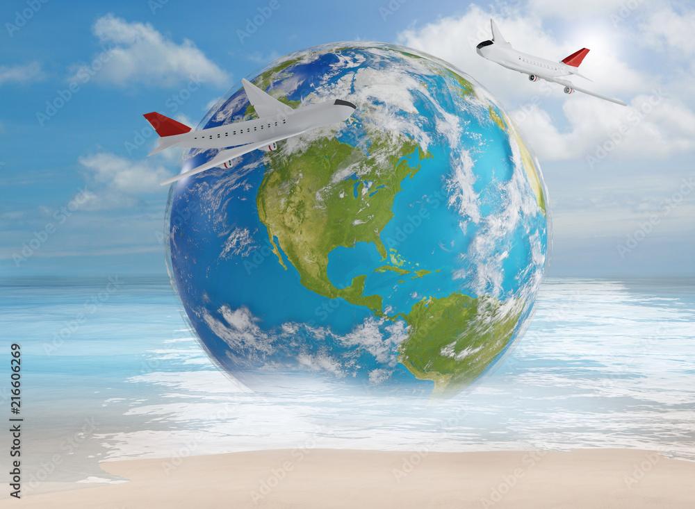 Fototapeta premium planet earth world on the beach with airplanes sand ocean and sky 3d-illustration. elements of this image furnished by NASA