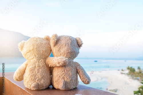 Obraz na plátně Two teddy bears sitting sea view