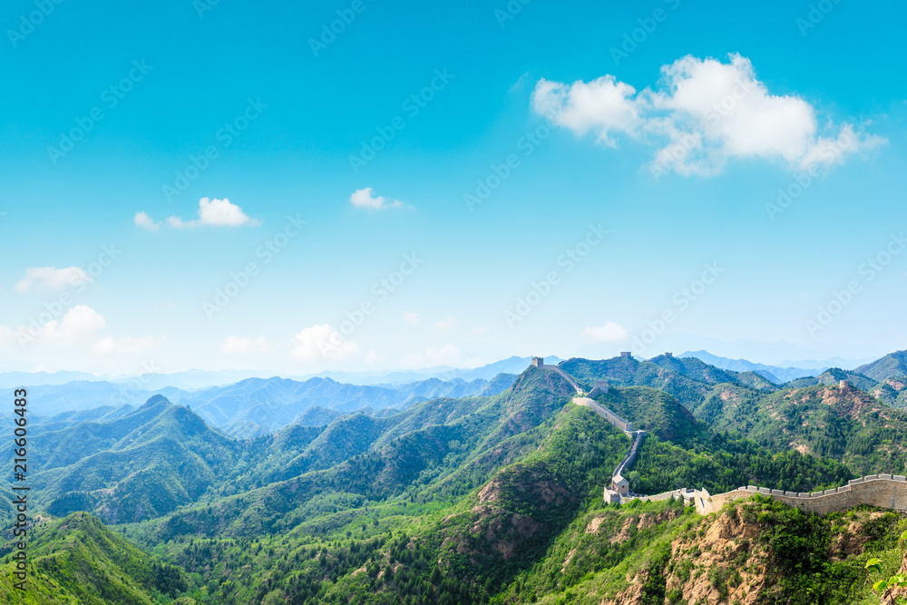 Majestic Great Wall of China under the blue sky,panoramic view