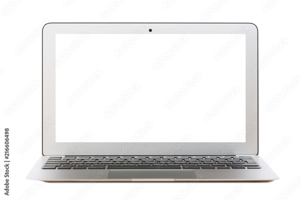 Modern silver laptop with blank screen isolated on white Modern silver laptop with blank screen isolated on white
