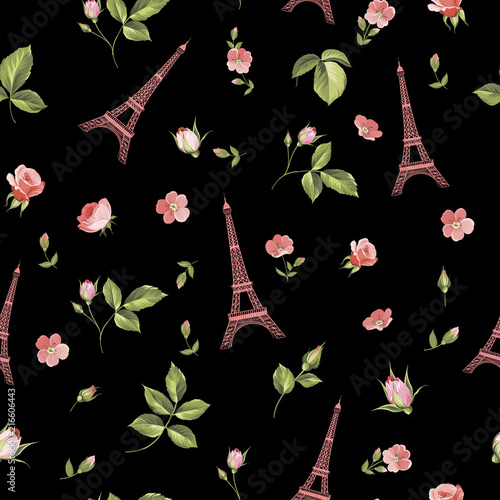 Pattern with red flowers, leaves and eiffel tower. Seamless background for fabric design.