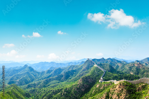 Majestic Great Wall of China under the blue sky panoramic view