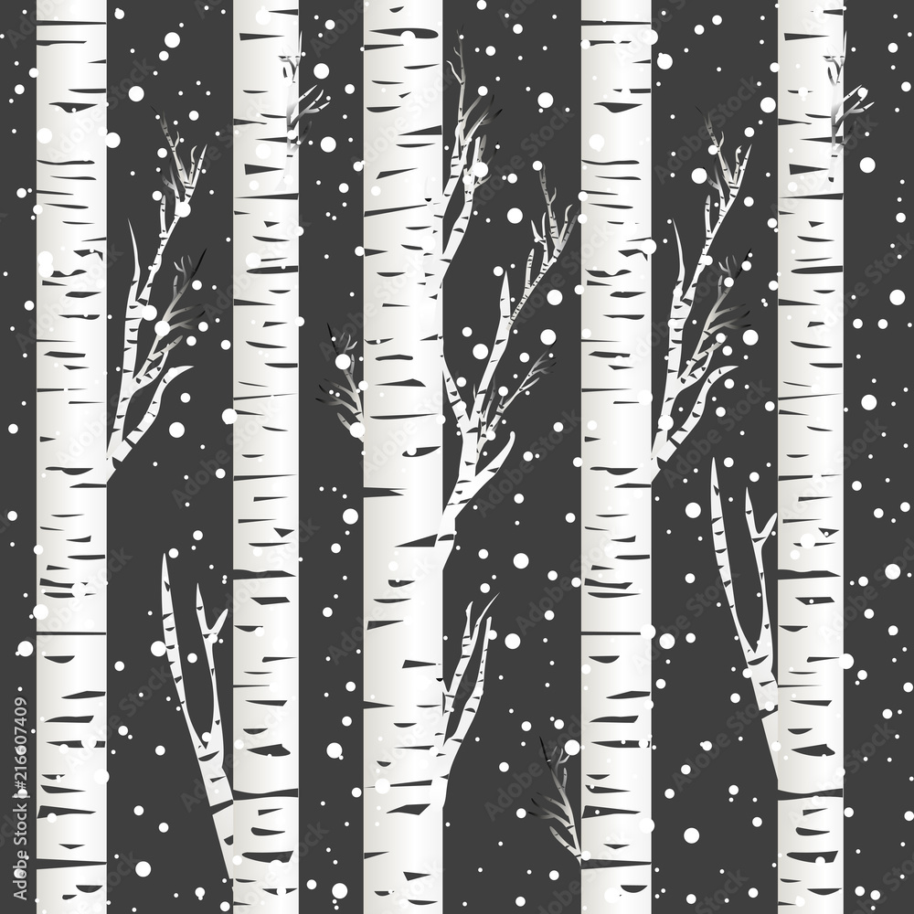 Winter background with birch trees and snowflakes
