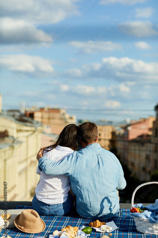 Rear view of young couple in casual shirts sitting on blanket and embracing while looking into distance and dreaming together at picnic on roof