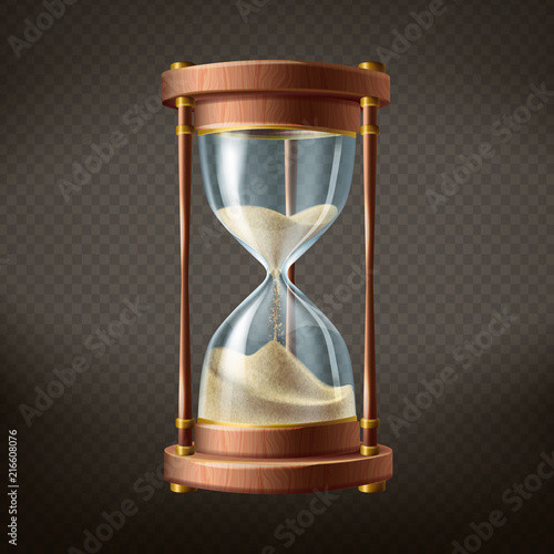 Vector 3d realistic hourglass with running sand inside, isolated on dark transparent background. Wooden body with golden elements in retro style. Time passing or countdown concept.