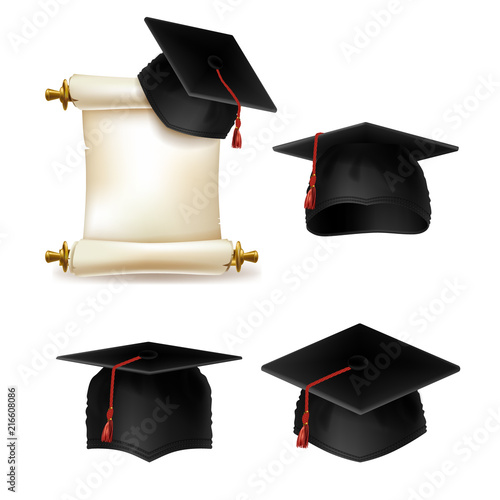 Vector graduation cap with diploma, official document of education in university or college. Master degree roll, academic black hat. Traditional uniform with certificate isolated on white background