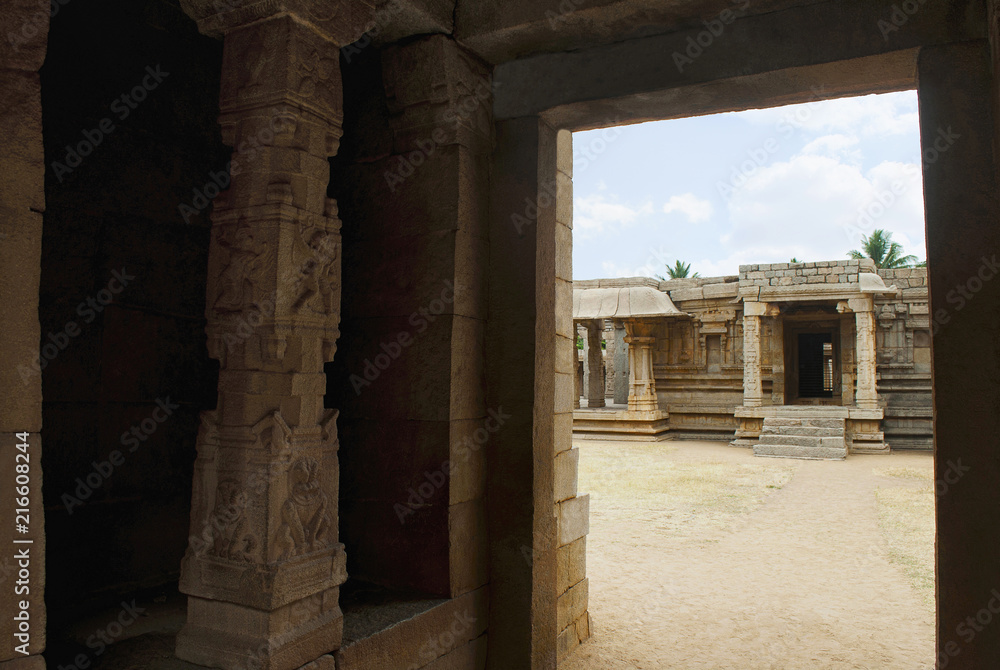 View of Achyuta Raya Temple from the West side gopura, Hampi, Karnataka. Sacred Center. Entrance to the ardha-madapa is clearly seen.