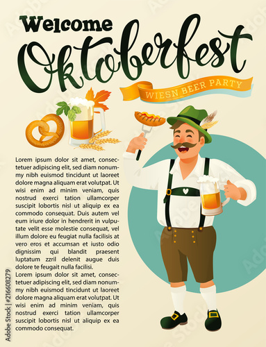 Green germany costume oktoberfest man a mustache icon in cartoon style isolated on vintage background vector illustration Munich Beer Festival Oktoberfest handwritten text