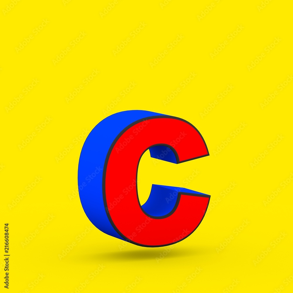 Red and blue superhero letter C lowercase isolated on yellow background. Red and blue superhero letter C lowercase isolated on yellow background.