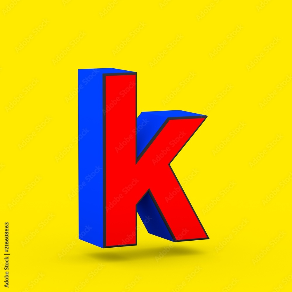 Red and blue superhero letter K lowercase isolated on yellow background.