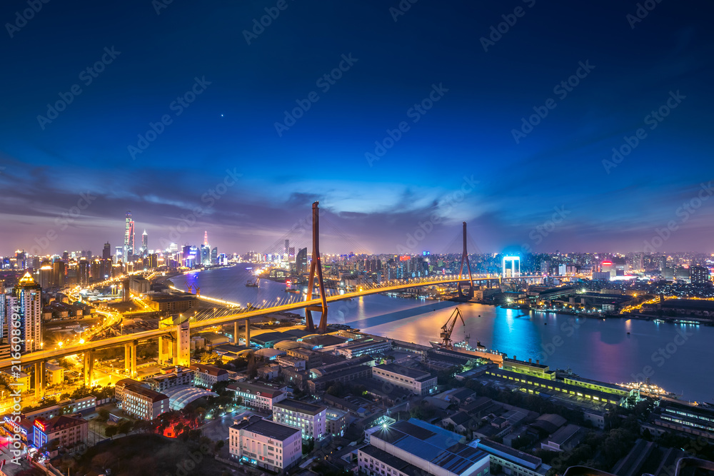 Aerial view of modern bridge at night in Shanghai
