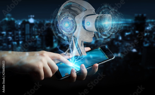 Naklejka Businessman using virtual reality and artificial intelligence 3D rendering