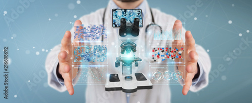 Doctor using modern microscope with digital analysis 3D rendering