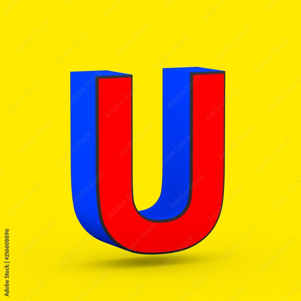 Red and blue superhero letter U uppercase isolated on yellow background. Red and blue superhero letter U uppercase isolated on yellow background.
