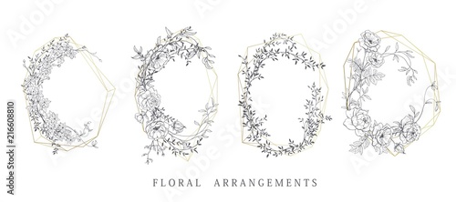 Floral bouquet design. Wedding arrangement. Botanical frame. Hand drawn flowers.