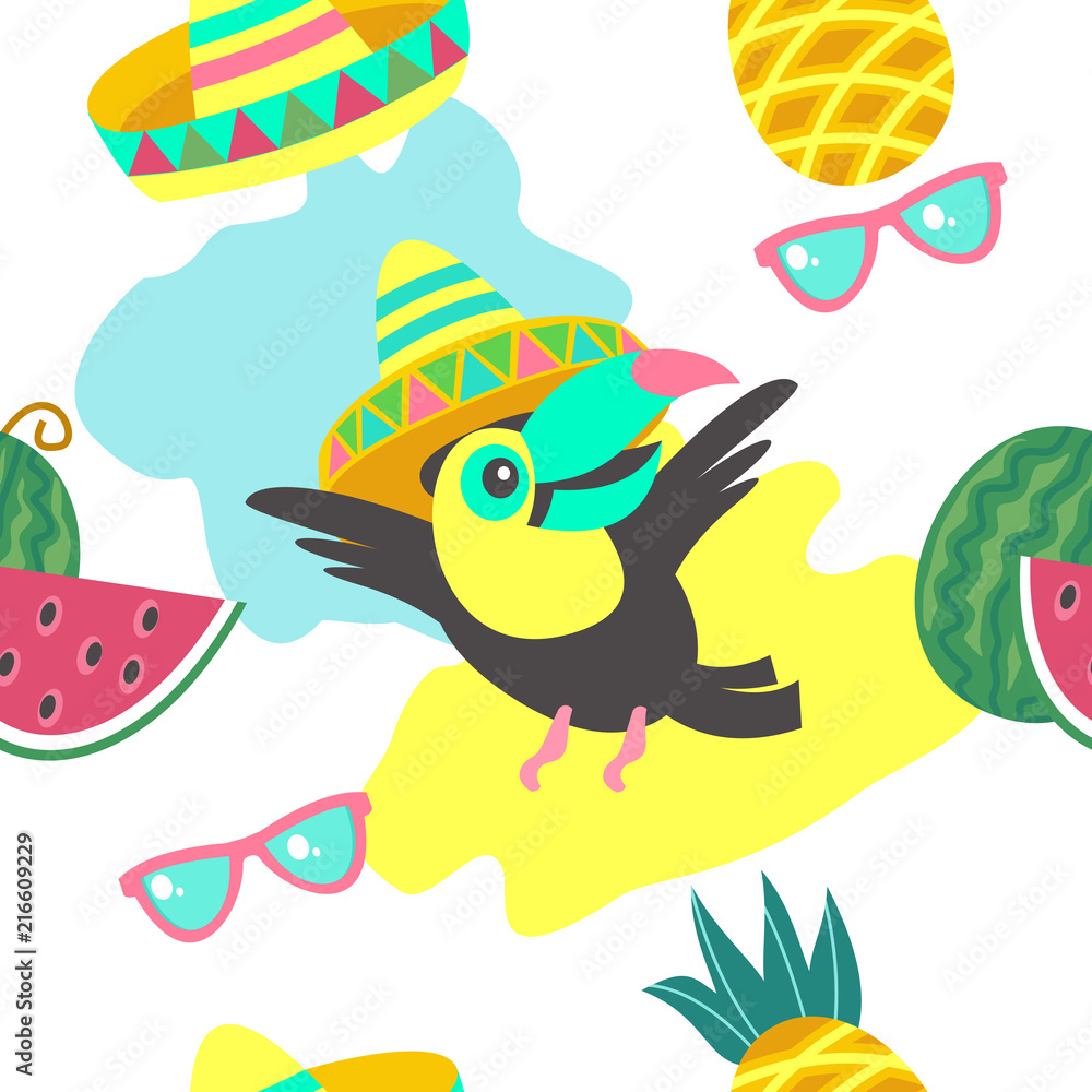 Fototapeta premium Seamless pattern. Tropical birds toucans, tropical leaves and fruits. Colorful vector illustration.
