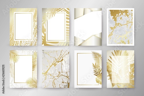 Set of elegant brochure, card, background, cover. Black and golden marble texture. Palm, exotic leaves.
