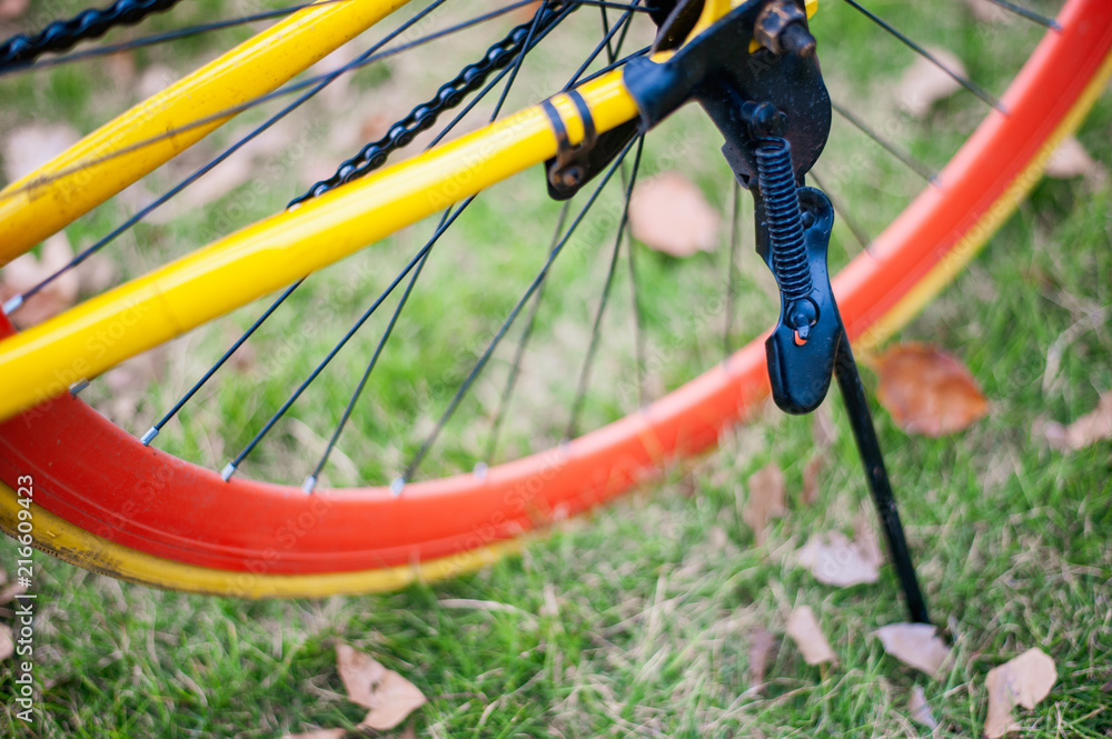 Rear wheel of Yellow bicycle in the park Rear wheel of Yellow bicycle in the park