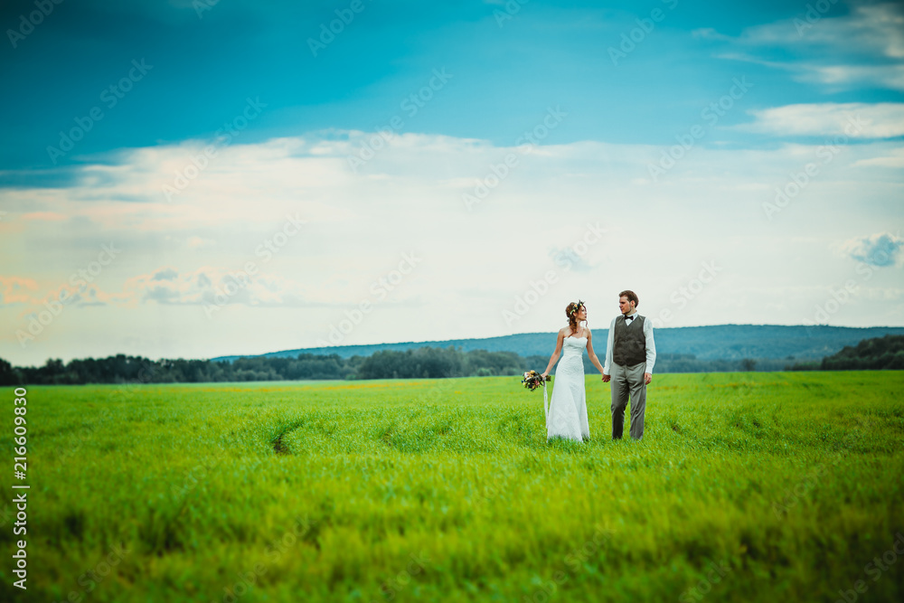bride and groom stand on the background of the field bride and groom stand on the background of the field