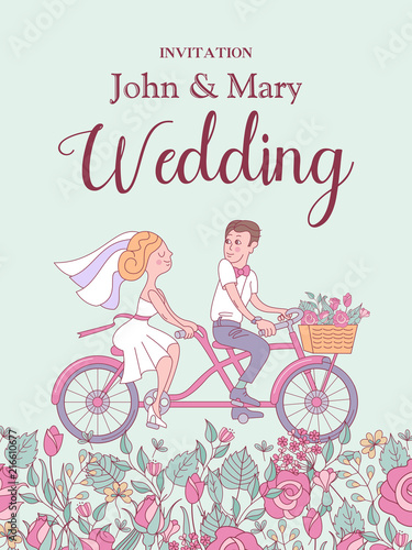 Happy weddings. Vector illustration. The bride and groom ride a bike. Wedding card, wedding invitation.